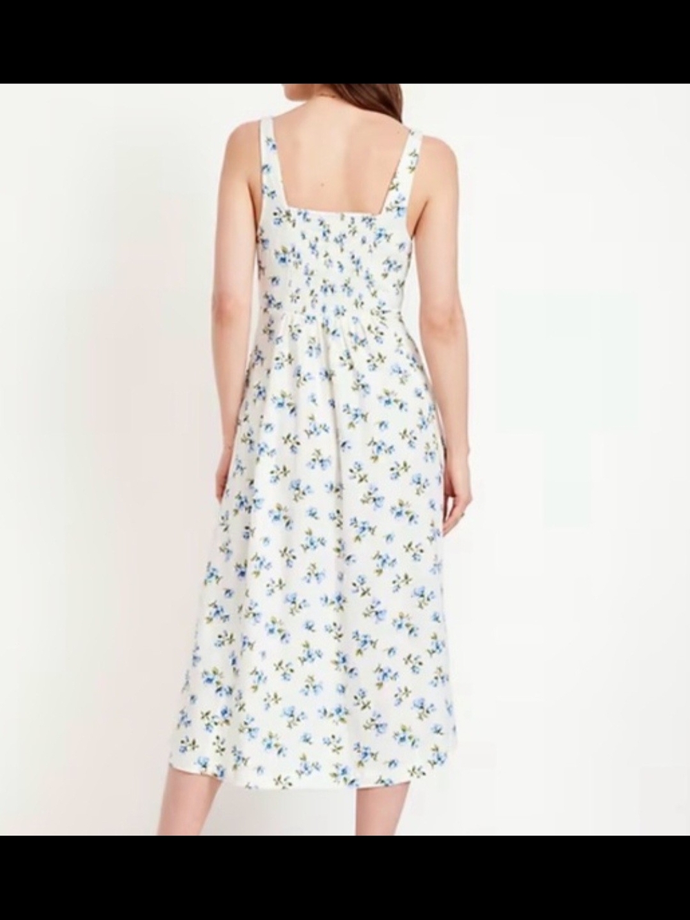 White Floral Square-Neck Midi Dress with Blue Blossoms